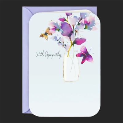 Sympathy card with watercolor flowers in a vase and a butterfly