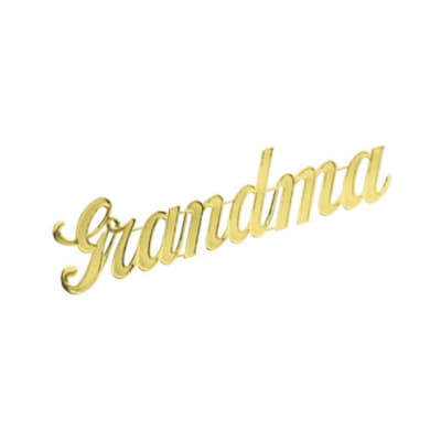 Gold script topper reading "grandma" on a white background