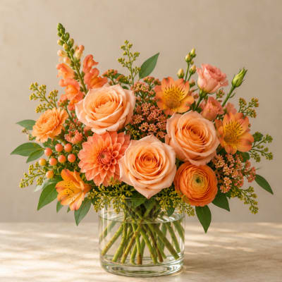 Peach and orange bouquet in a clear glass vase