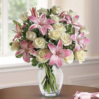 ALWAYS A LADY - DOZEN WHITE ROSES WITH PINK LILIES