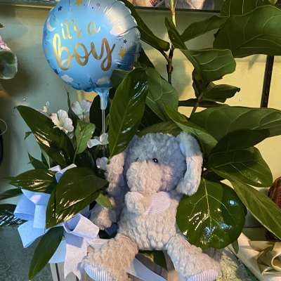 Blue boy balloon with a plush elephant in a wooden basket