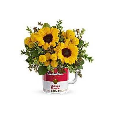 Sunflower bouquet in a Campbell's soup mug