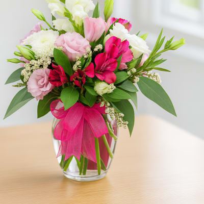 Pink and white mixed bouquet in a clear glass vase with a bright ribbon