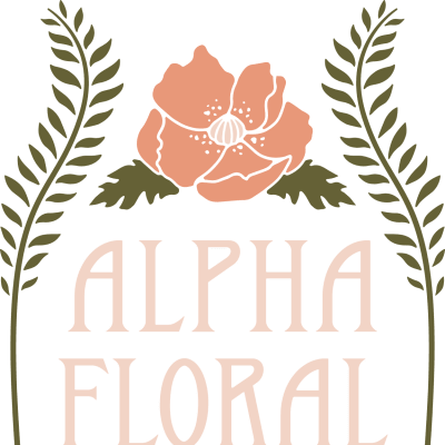 Alpha Floral logo with a peach flower and leafy branches on green background