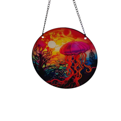Round hanging wall art with colorful jellyfish illustration