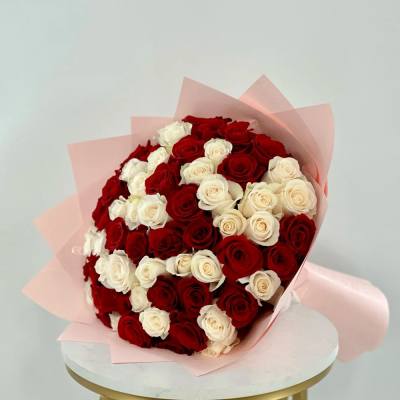 Bouquet of red and white roses wrapped in pale pink paper