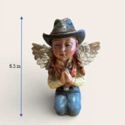 Small kneeling angel figurine wearing a cowboy hat