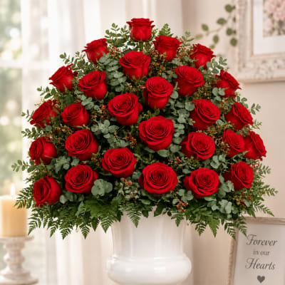 Large bouquet of red roses in a white vase