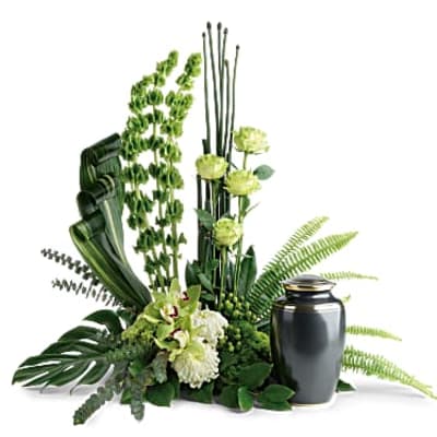 Green floral arrangement with a black urn