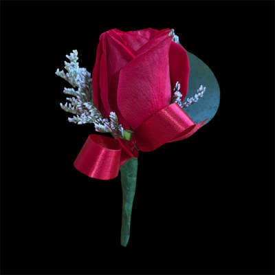 Single red rose boutonniere with a ribbon and small lavender filler