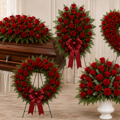 Red rose funeral arrangements with wreaths and sprays around a casket
