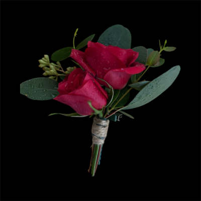 Small bouquet of red roses with eucalyptus and wrapped stems