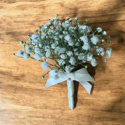Small white baby's breath bouquet tied with a white ribbon