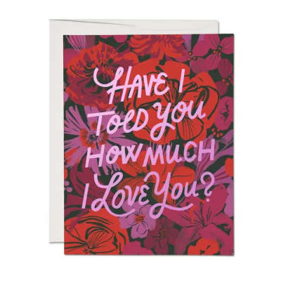 Romantic greeting card with pink script text over a red and purple floral background