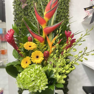 Tall tropical arrangement with red heliconia, yellow gerberas and green hydrangea in a square glass vase