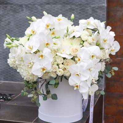 White orchids and roses arranged in a white hatbox