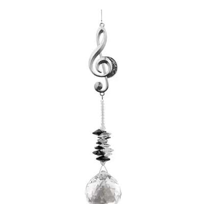 Silver treble clef hanging ornament with faceted clear crystal ball and black accents