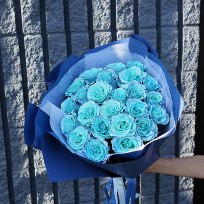 Bouquet of blue roses wrapped in blue paper