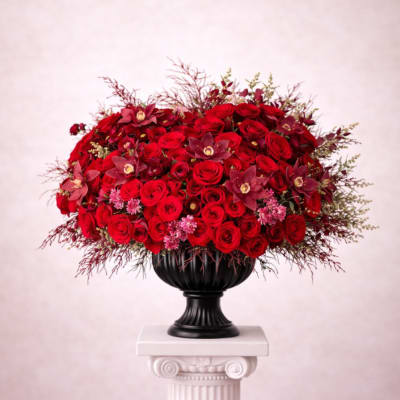 Large red rose arrangement in a black urn vase
