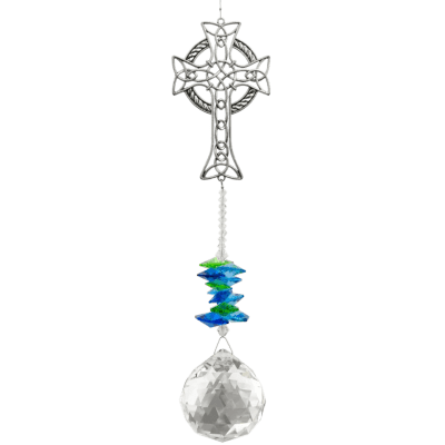 Hanging Celtic cross ornament with blue-green beads and a faceted clear crystal ball