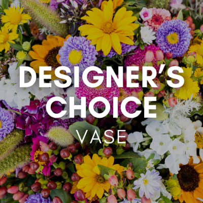 Mixed bouquet of yellow, purple, white, and pink flowers with text overlay