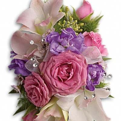 Pink and purple bouquet with roses and calla lilies