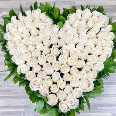 Heart-shaped arrangement of white roses edged with bright green foliage