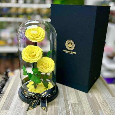 Three yellow roses under a glass dome on a black base with matching black gift box.