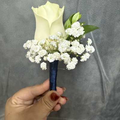 Navy White rose boutonnière