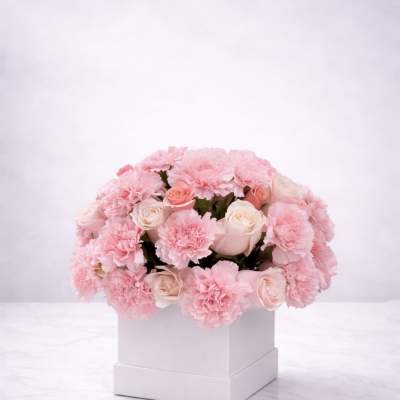 Pink carnations and pale roses arranged in a white box