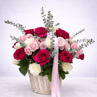 Royal Pink & Ivory Rose Basket