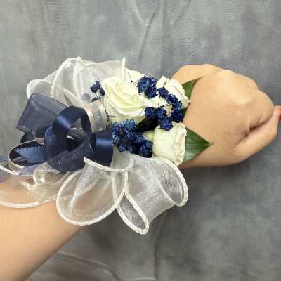 Navy White spray roses corsage