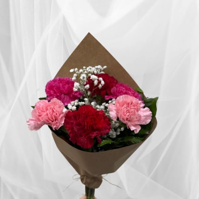 Bouquet of pink and red carnations with white baby's breath in brown paper