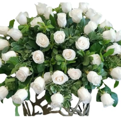 White roses arranged in a dense bouquet with green foliage