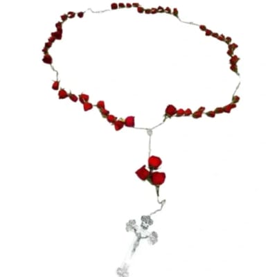 Red rose petal necklace with a small cross pendant