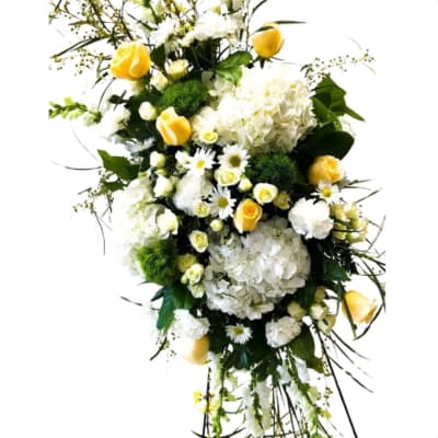 Tall white and yellow floral arrangement with roses and hydrangeas