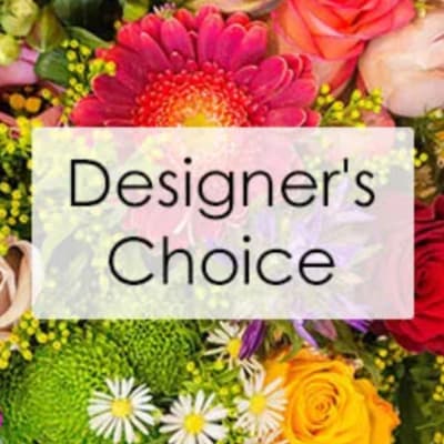 Mixed bouquet background with a "Designer’s Choice" text overlay