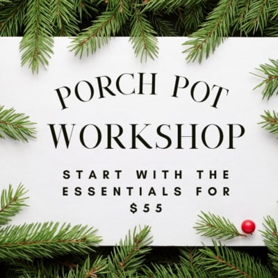 Porch Pot Workshop sign framed by evergreen branches