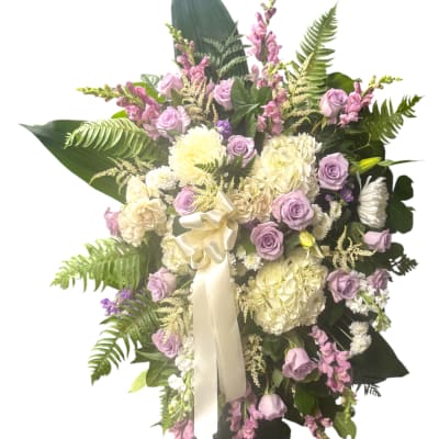 Lavender roses and cream hydrangeas with a satin ribbon