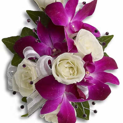 White roses with purple orchids and ribbon accents