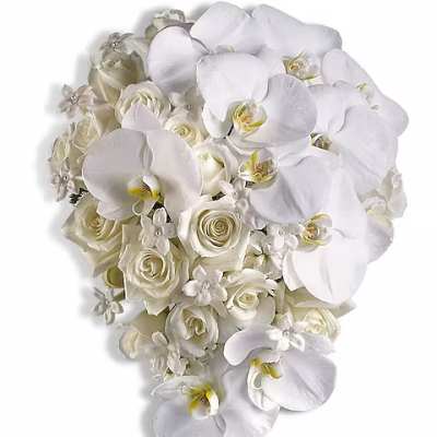 White orchid and rose bouquet with cascading blooms