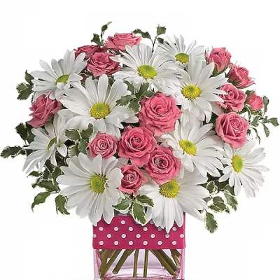 Pink roses and white daisies in a clear square vase with a polka-dot wrap
