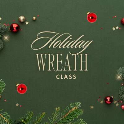 Holiday wreath class graphic with red ornaments on a green background
