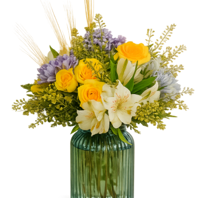 Yellow and white flowers in a ribbed glass vase