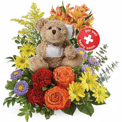 Teddy bear surrounded by colorful flowers with a get well sign
