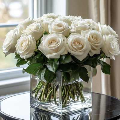 White roses arranged in a clear square glass vase