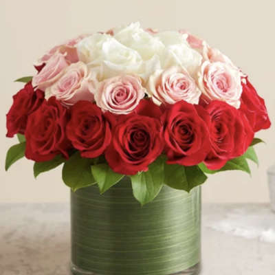 Red, pink, and white roses arranged in a green vase