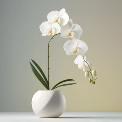 White orchid in a white pot with a curved stem