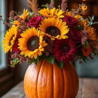 Sunflower and rose arrangement in a pumpkin vase