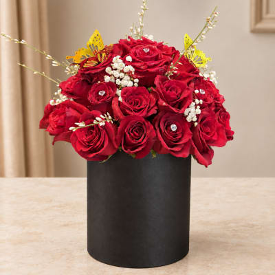 Red roses arranged in a black cylindrical box with small white filler flowers